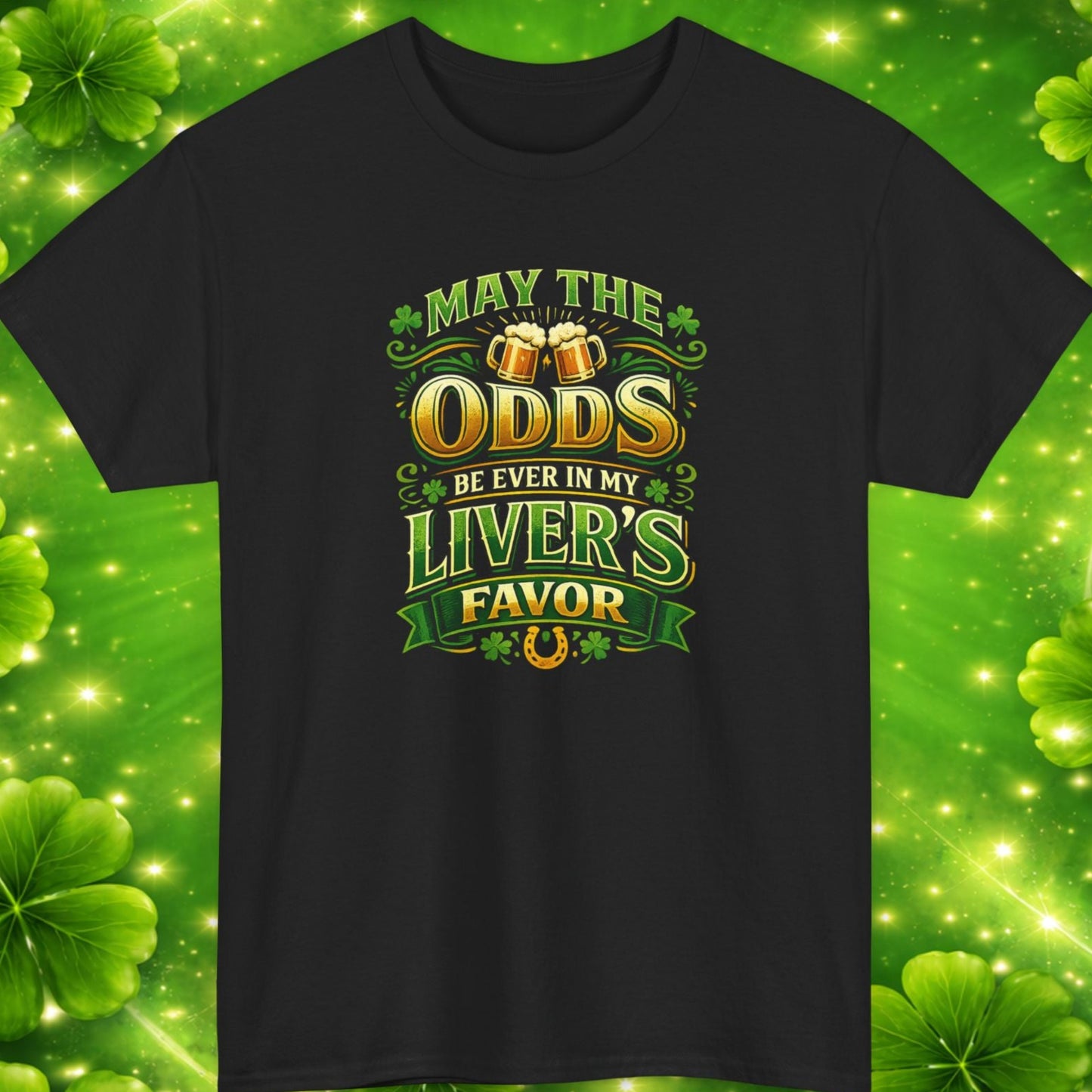 Black t-shirt with humorous text design on a green background with shamrocks