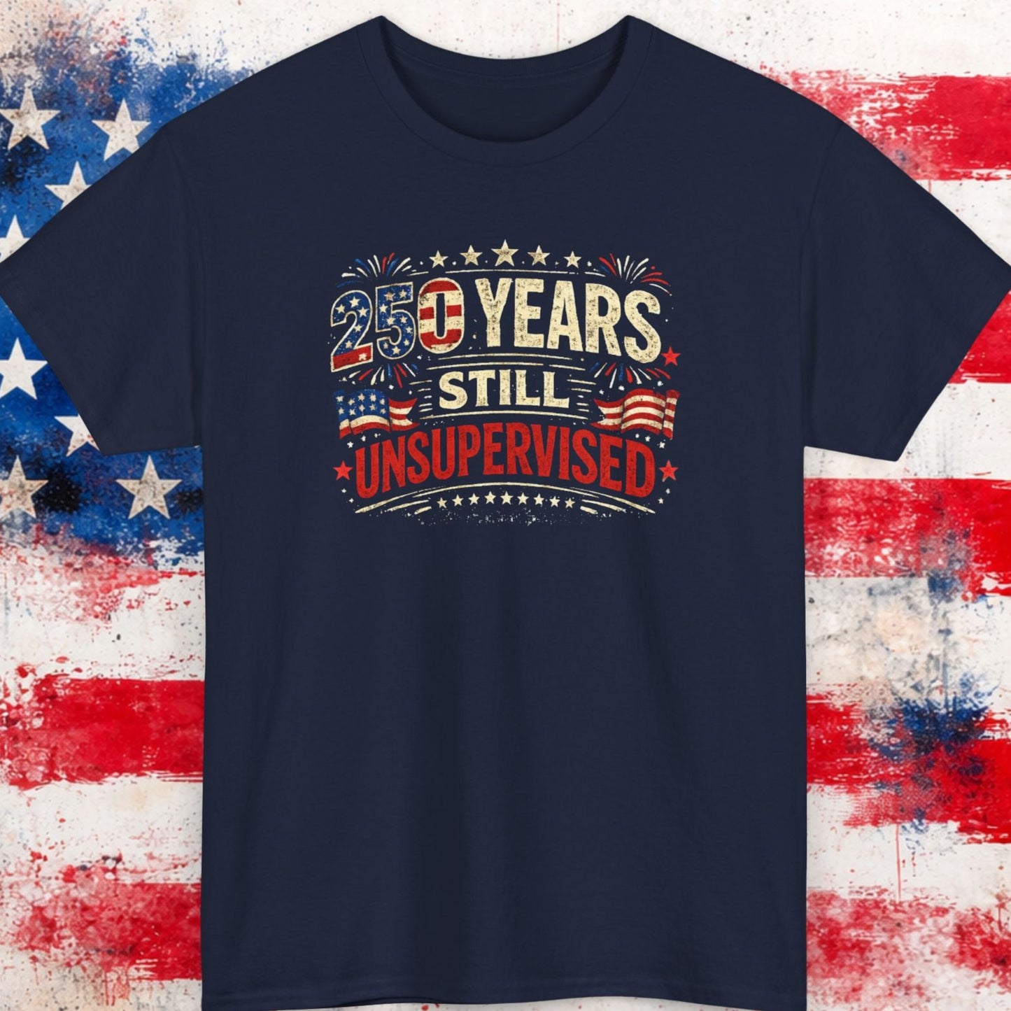 Navy blue t-shirt with text design on a distressed American flag background