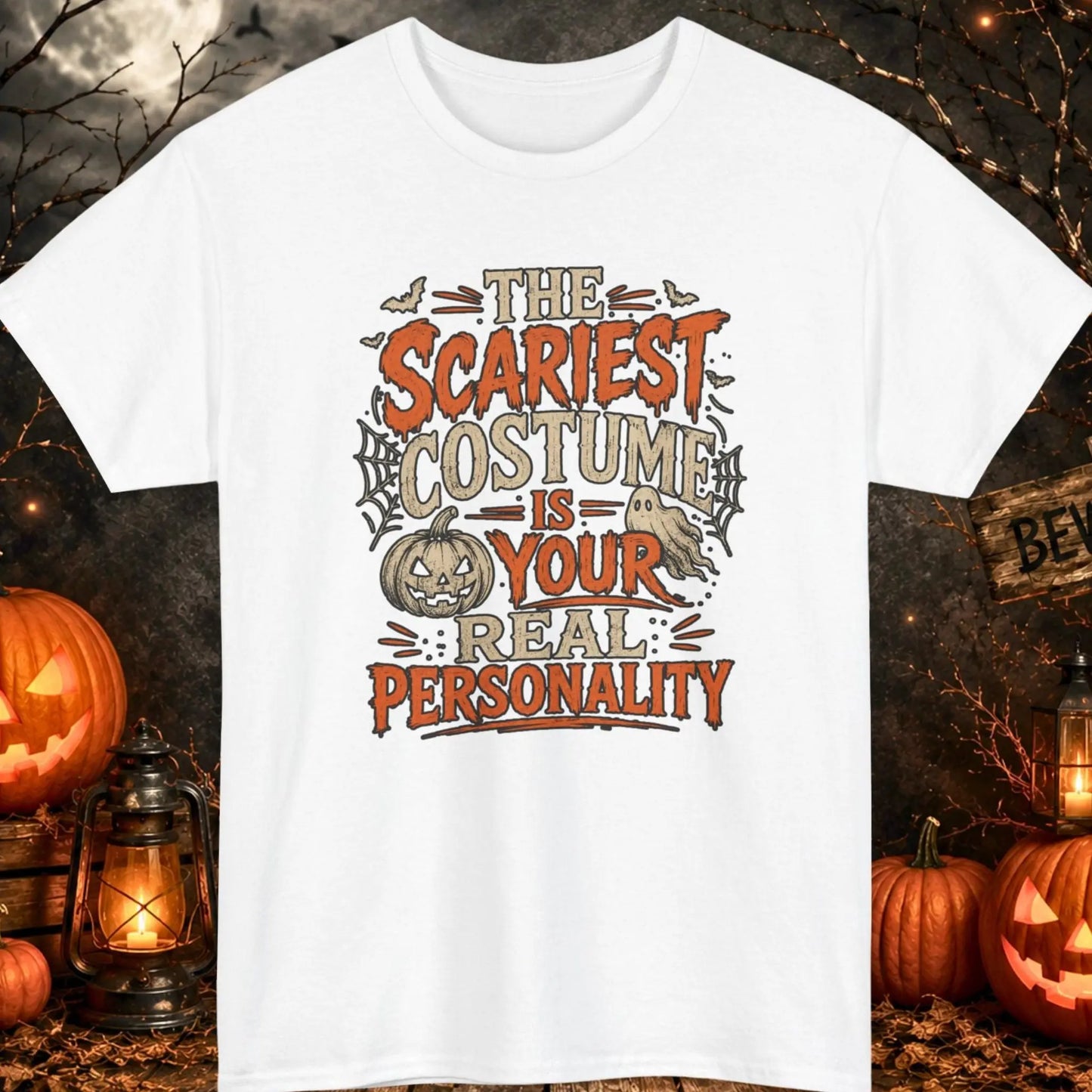 Funny Halloween graphic t-shirt featuring distressed vintage typography that reads "The Scariest Costume Is Your Real Personality" with bats, spider webs, ghost, and jack-o'-lantern illustrations on a white shirt, perfect for spooky season, Halloween parties, and dark humor lovers.