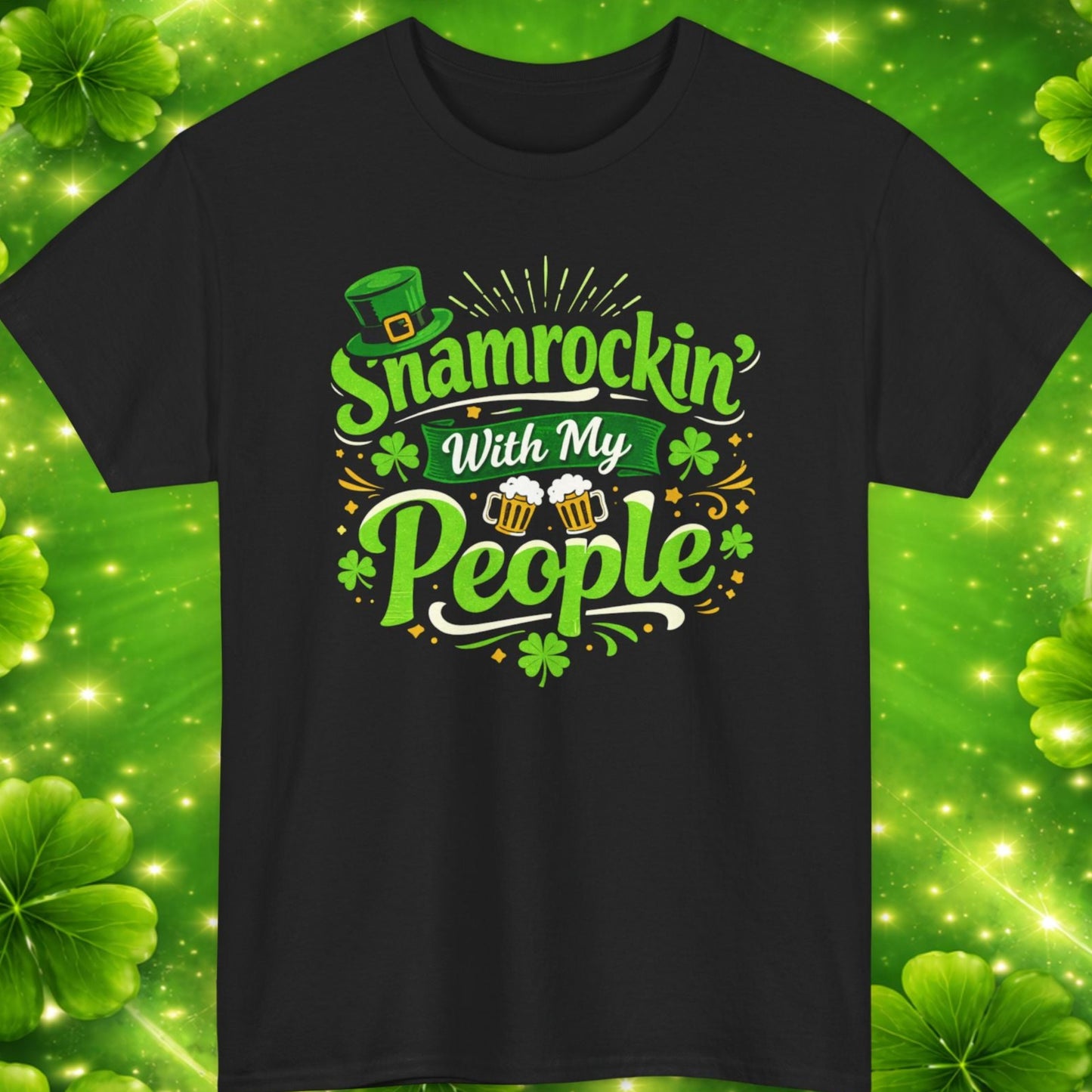 Black t-shirt with 'Snamrockin With My People' design on a green clover leaf background