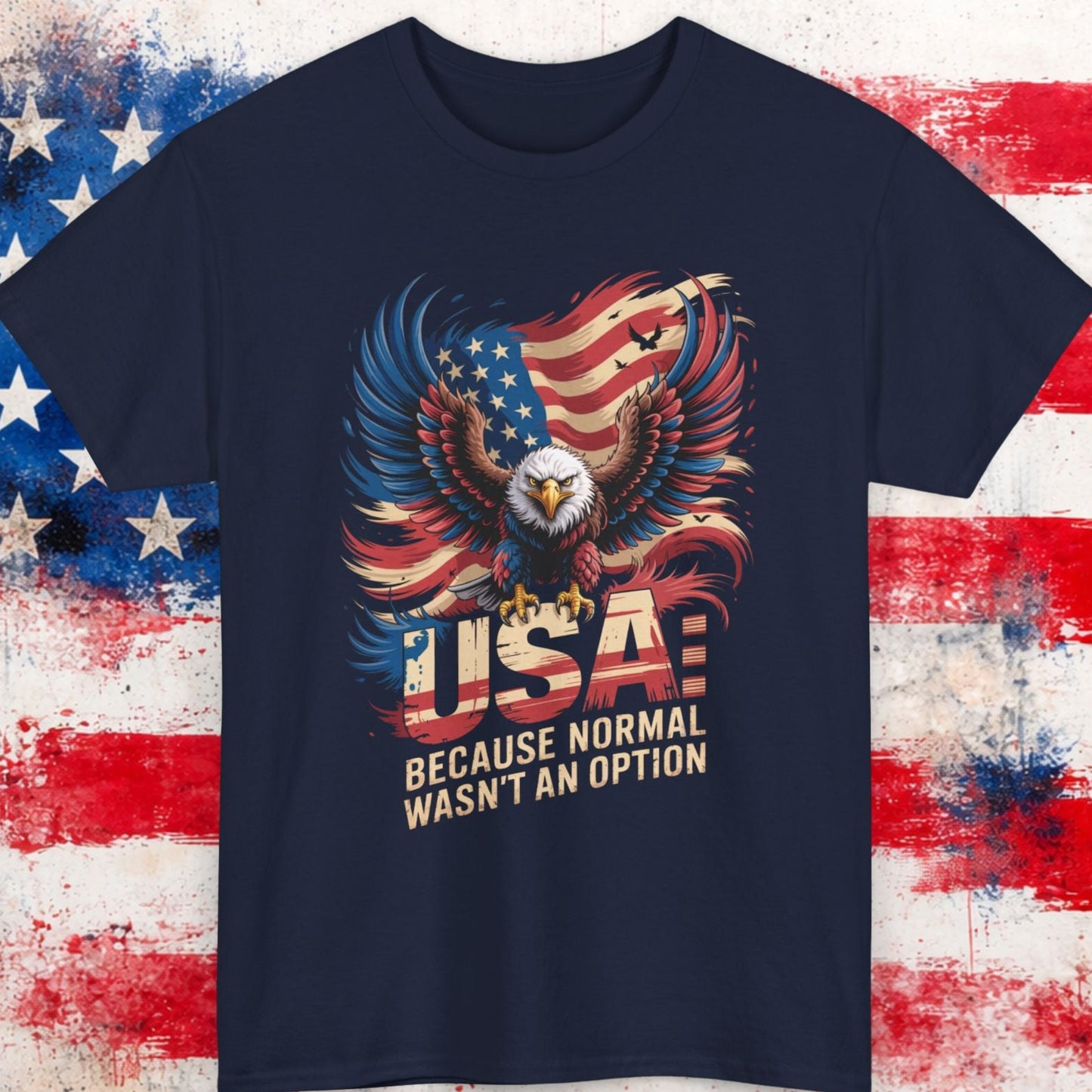 Navy blue t-shirt with an eagle and American flag design on a textured background