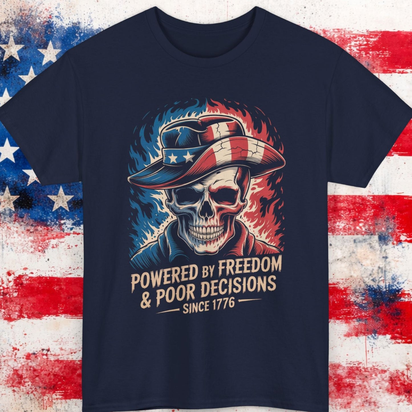 Navy blue t-shirt with a skull wearing an American flag hat and text on a distressed American flag background.