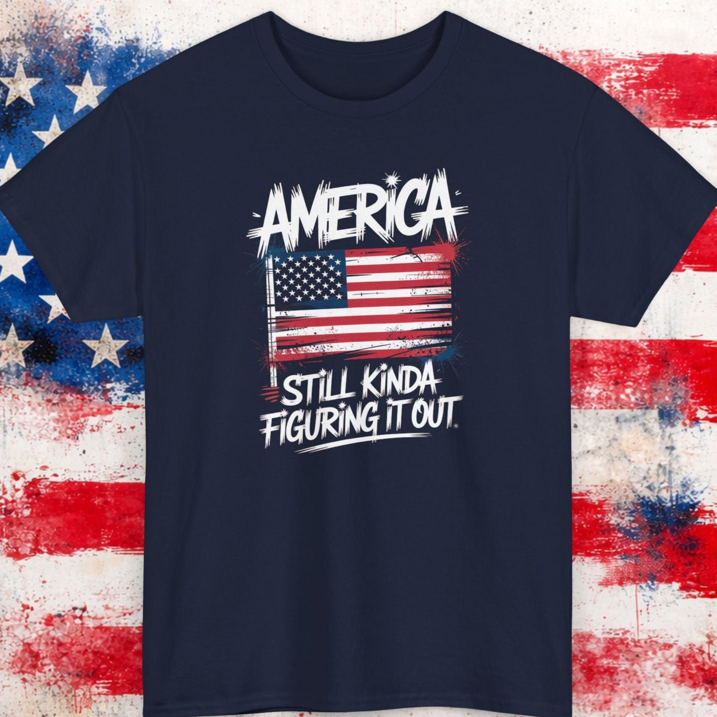 Navy blue t-shirt with American flag graphic and text on a distressed American flag background