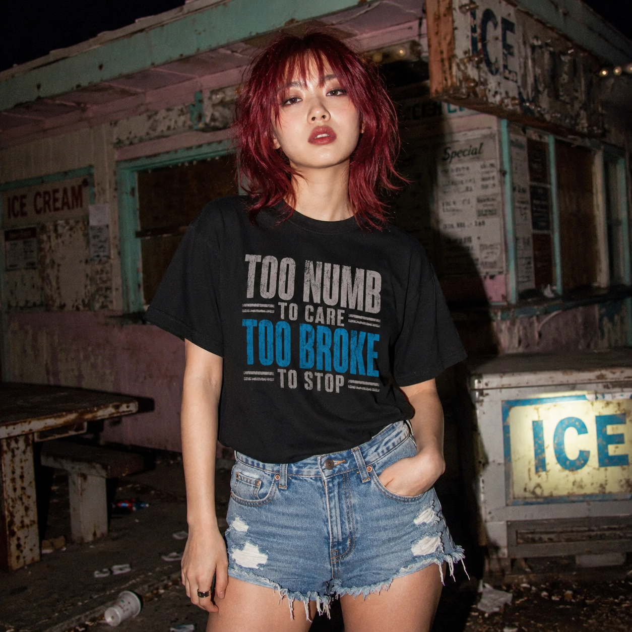 Mayhem Haus Too Numb To Care Too Broke To Stop T-Shirt