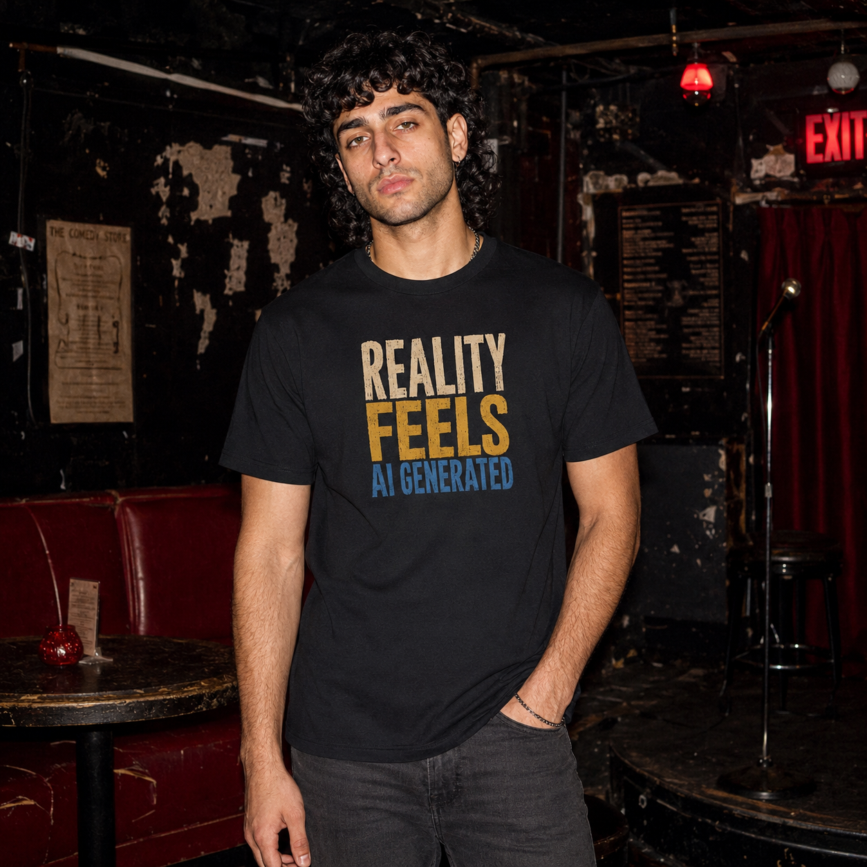 Mayhem Haus Reality Feels AI Generated T-Shirt on a man in a dimly lit room