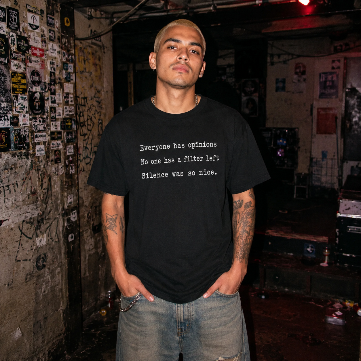 Mayhem Haus Everyone Has Opinions Haiku T-Shirt on a person with bleached hair and tattoos
