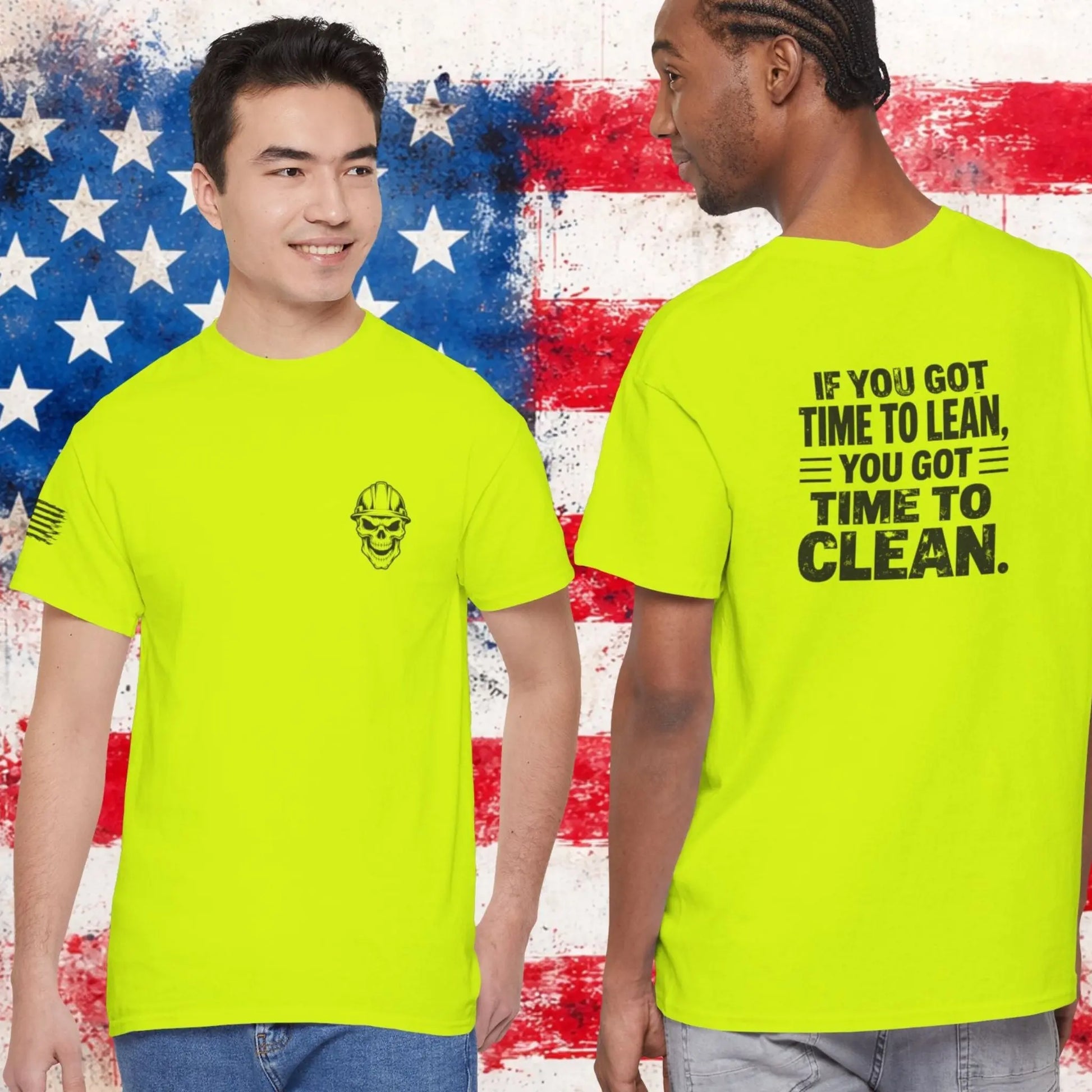 Two people wearing bright green t-shirts with text and a logo against an American flag background.