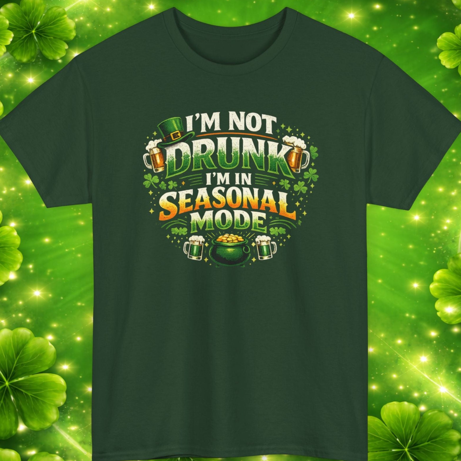 Green t-shirt with humorous text design on a green background with shamrocks