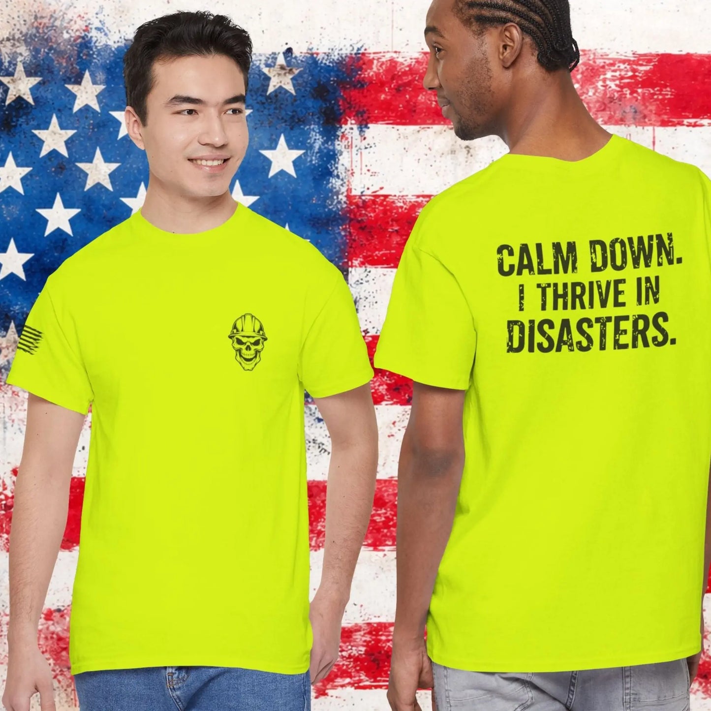Two people wearing bright green t-shirts with text in front of an American flag background.