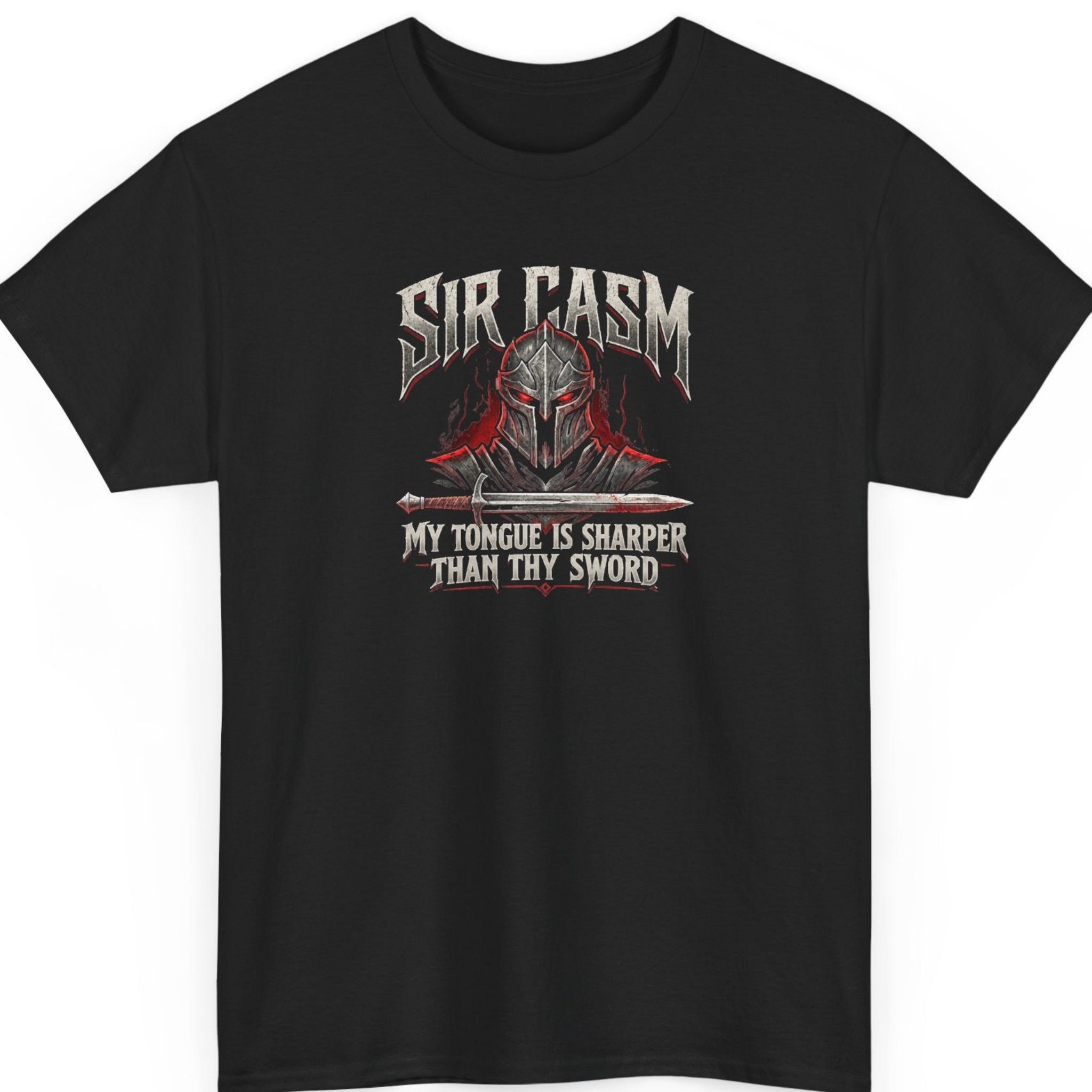 Mayhem Haus “Sir Casm My Tongue Is Sharper Than Thy Sword” black t-shirt featuring an armored medieval knight, a horizontal silver sword, distressed gothic lettering, and dark red flame accents.