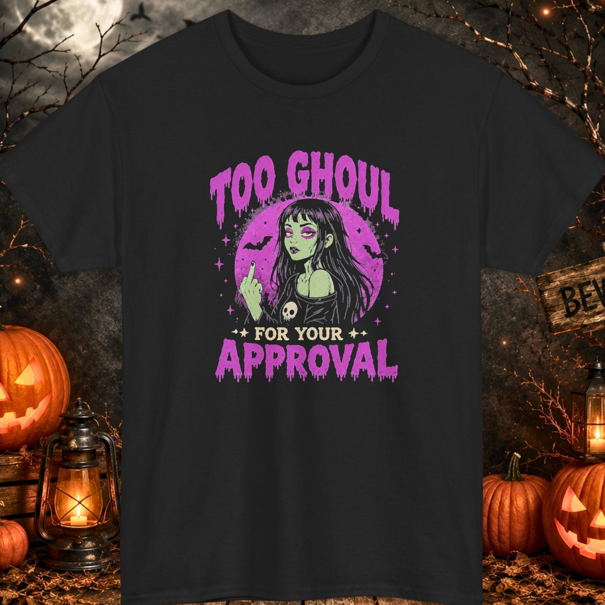 Mayhem Haus black Halloween T-shirt featuring a rebellious gothic-style ghoul beneath a purple moon with the phrase "Too Ghoul for Your Approval." The design combines distressed typography, spooky artwork, alternative fashion elements, bats, and a bold Halloween color palette.