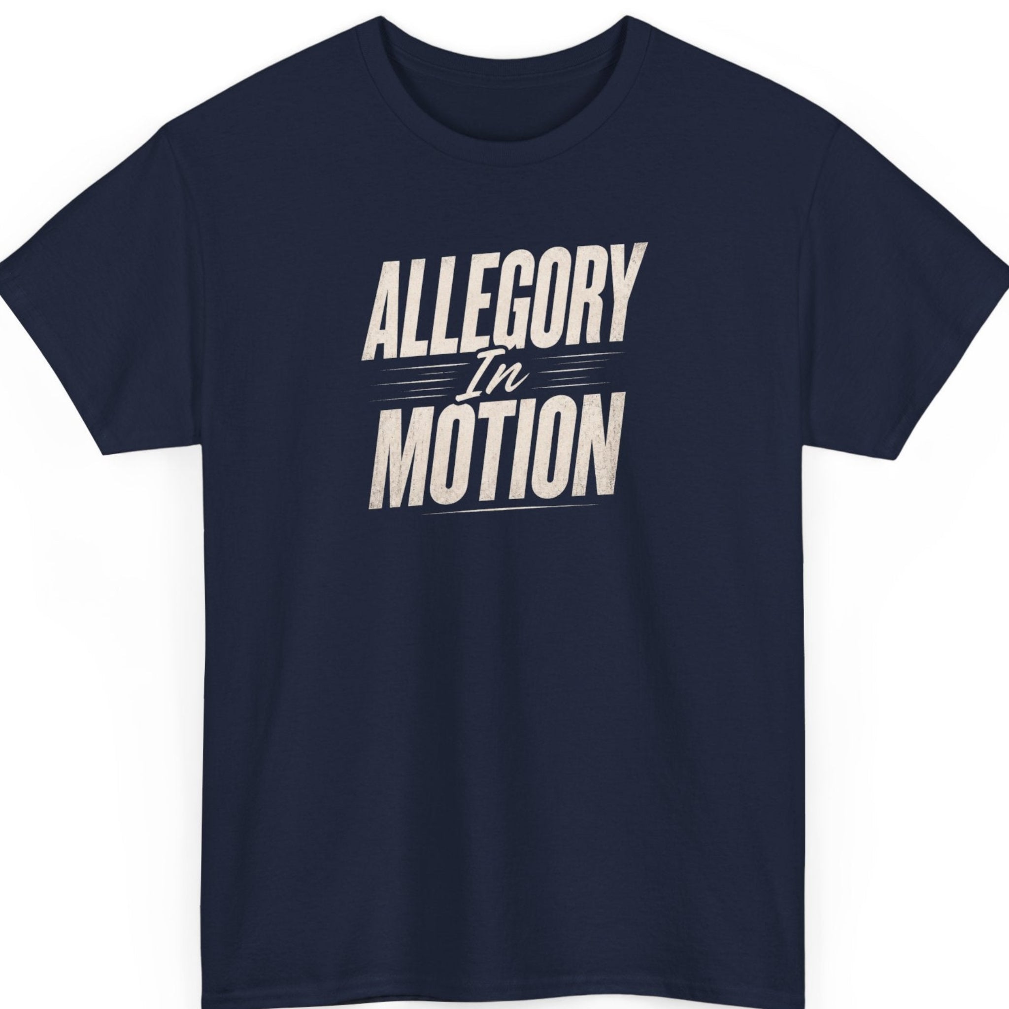 Mayhem Haus "Allegory In Motion" typography graphic tee on a navy blue shirt featuring distressed cream lettering with a dynamic stacked design and motion line details.