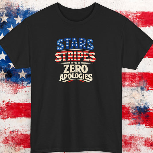 Black t-shirt with 'Stars and Stripes Zero Apologies' text on a distressed American flag background