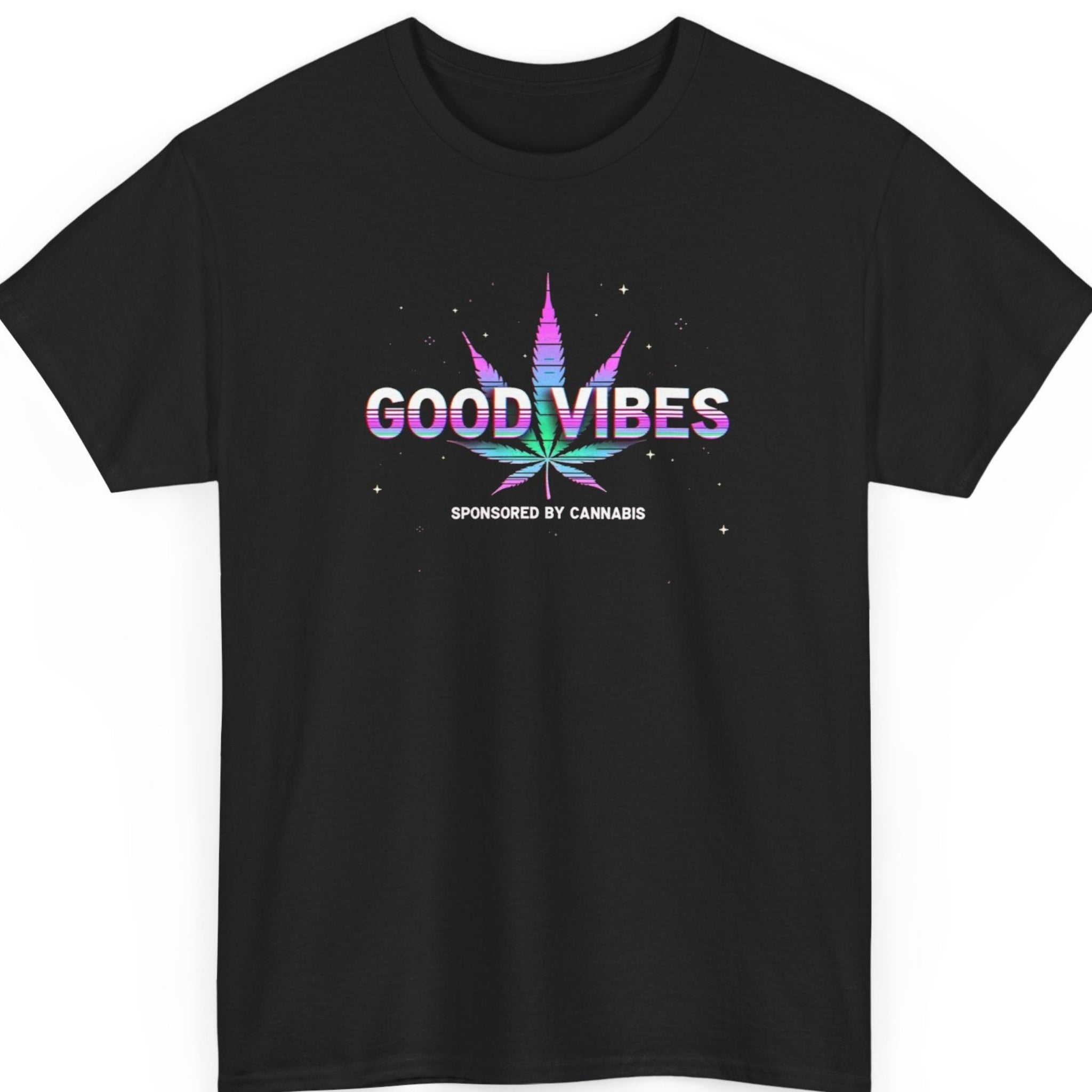 Mayhem Haus cannabis graphic t-shirt on a black shirt featuring a retro vaporwave marijuana leaf with neon purple, pink, and blue gradients and the phrase "Good Vibes Sponsored By Cannabis.