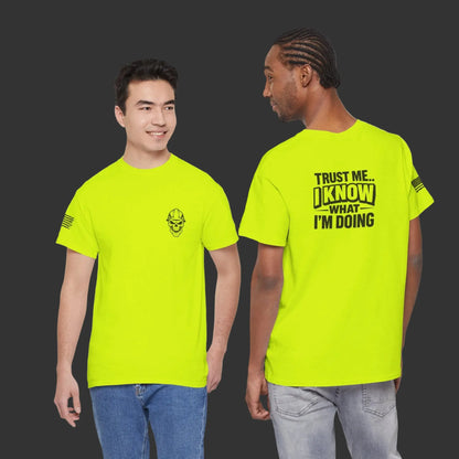 Two people wearing bright yellow t-shirts with text and graphics on a white background