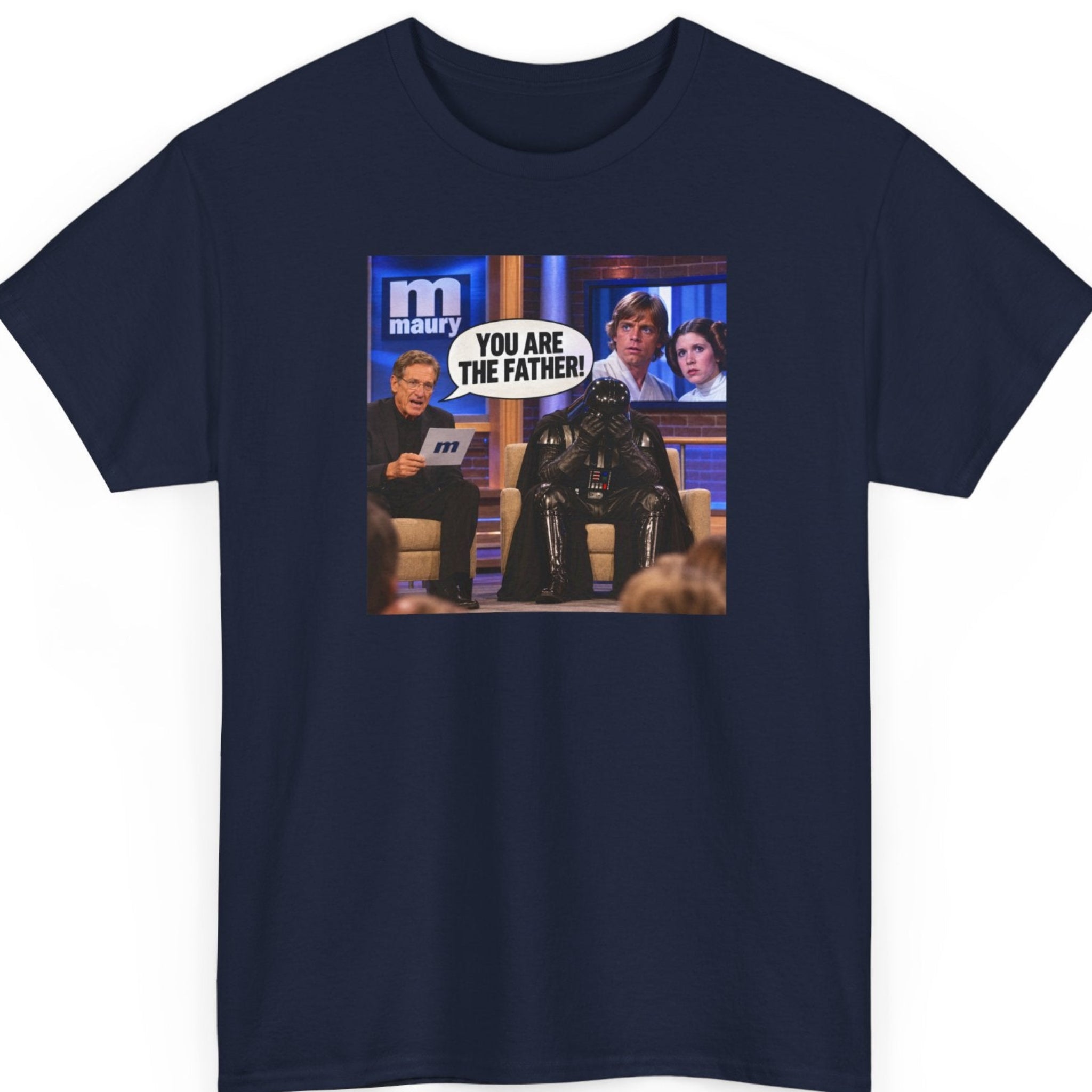 Mayhem Haus “You Are the Father” navy blue t-shirt featuring a humorous sci-fi paternity show parody with a helmeted space villain, talk show host, and twin heroes on a studio screen.