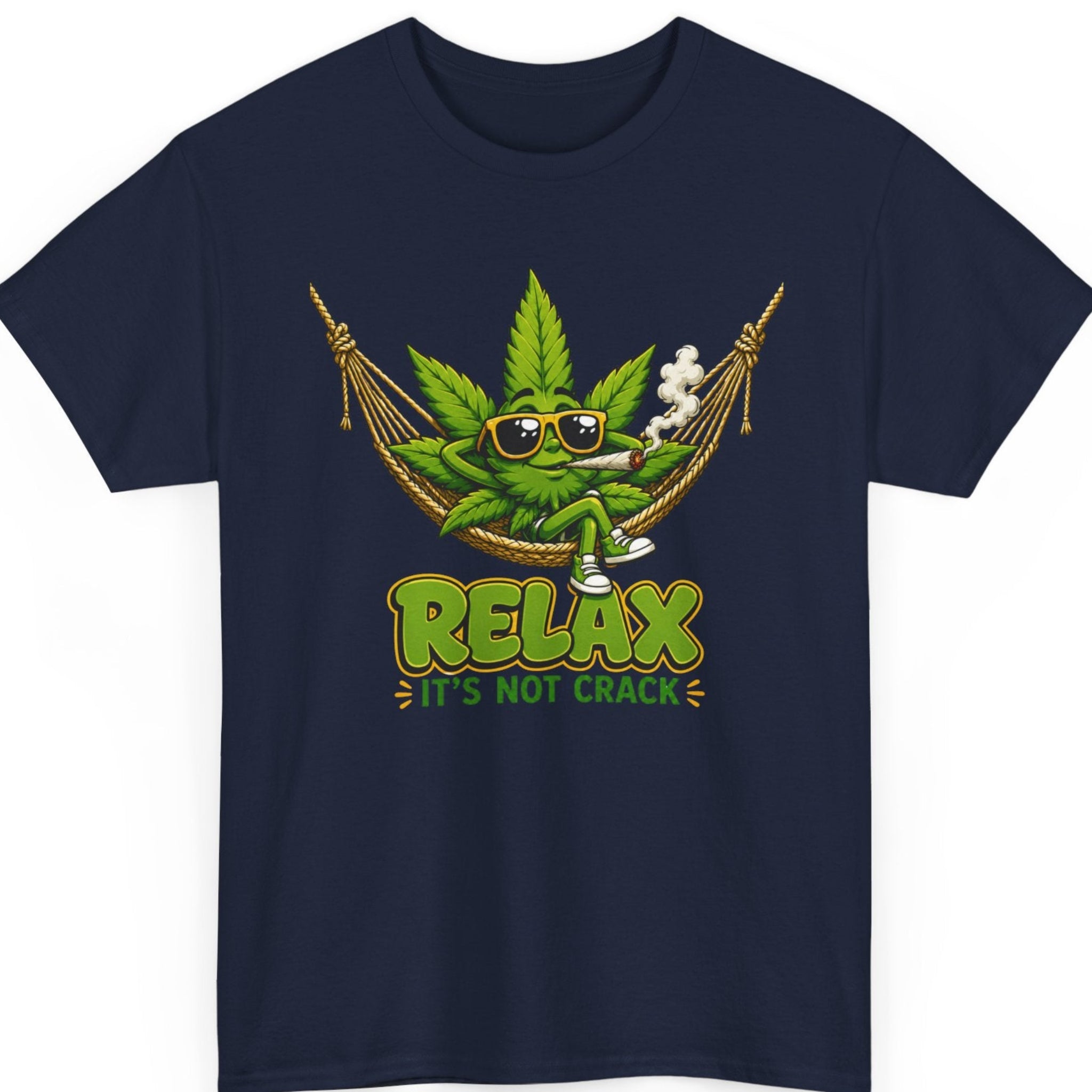 Mayhem Haus funny weed t-shirt on a navy blue tee featuring a smiling cannabis leaf lounging in a hammock with sunglasses, a lit joint, and the humorous quote "Relax It's Not Crack."