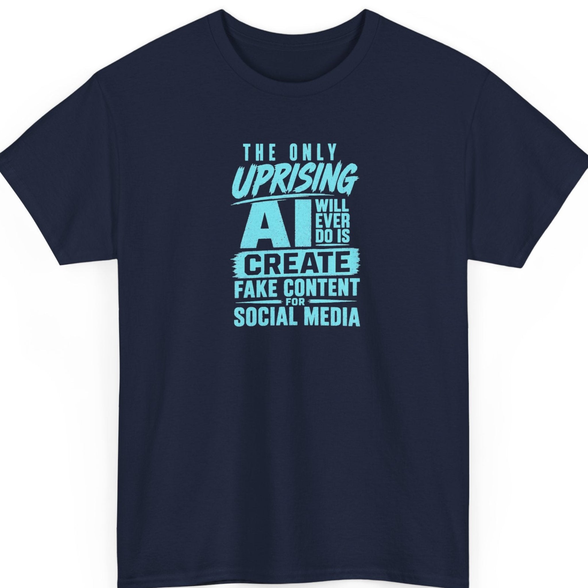 Mayhem Haus sarcastic AI graphic tee on a navy blue shirt with distressed blue lettering expressing a humorous take on artificial intelligence and social media.