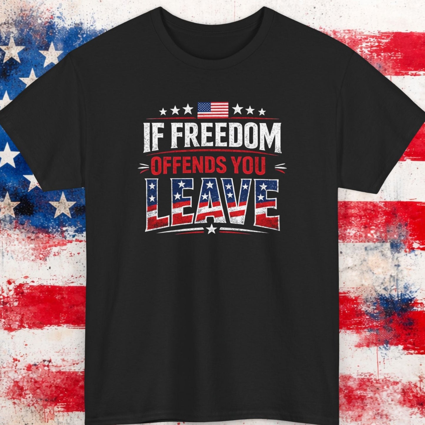 Black t-shirt with text design on a background resembling an American flag.