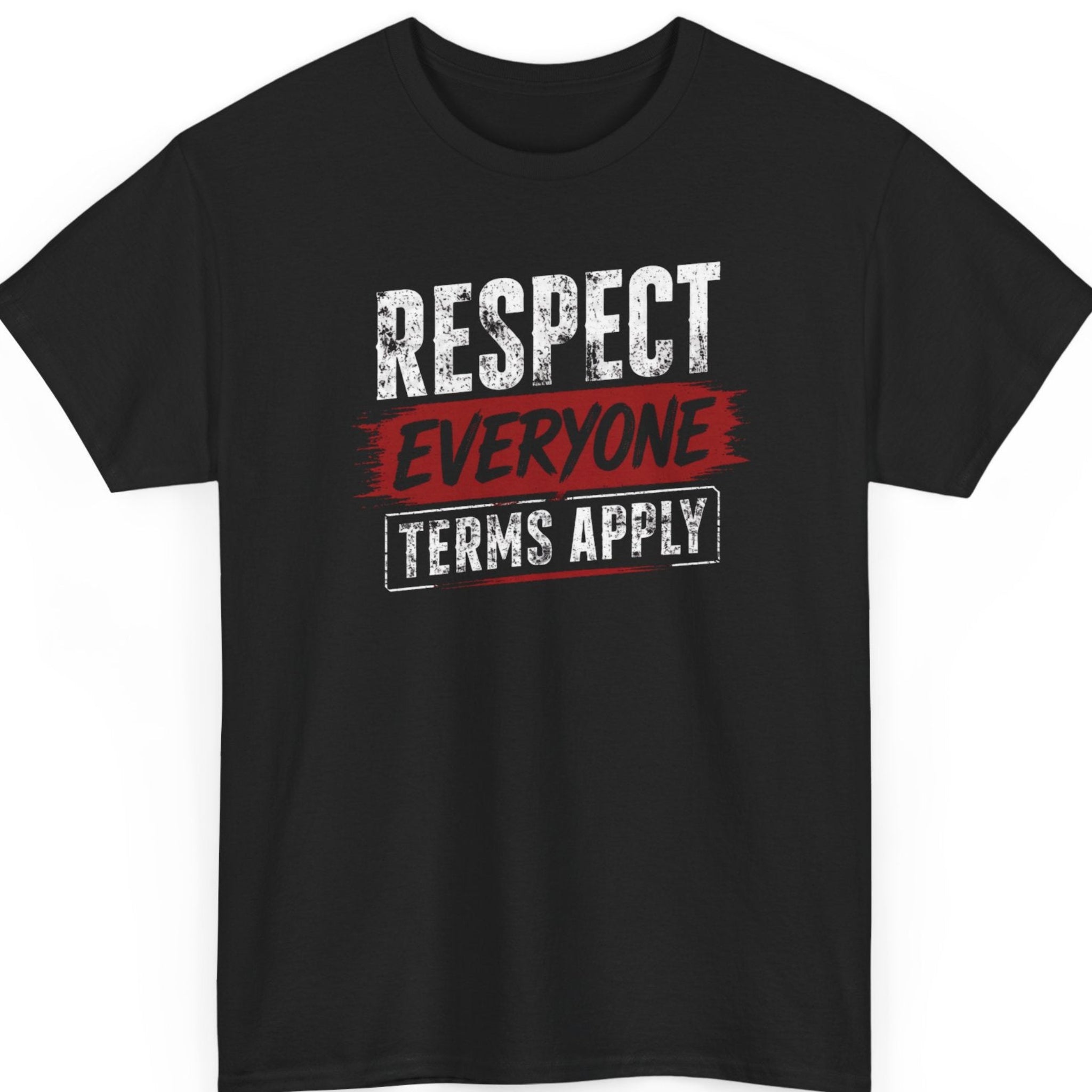 Mayhem Haus "Respect Everyone, Terms Apply" graphic t-shirt on a black shirt featuring distressed white and red typography in a bold stacked layout with a grunge brushstroke accent.
