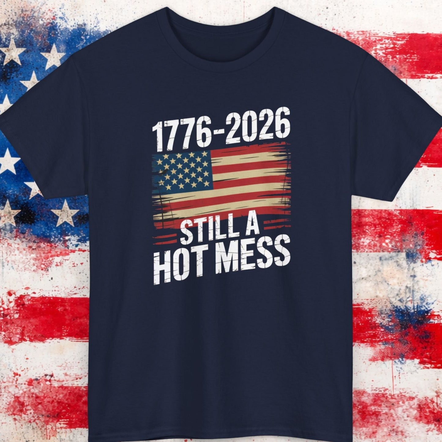 Navy blue t-shirt with American flag graphic and text on a distressed American flag background