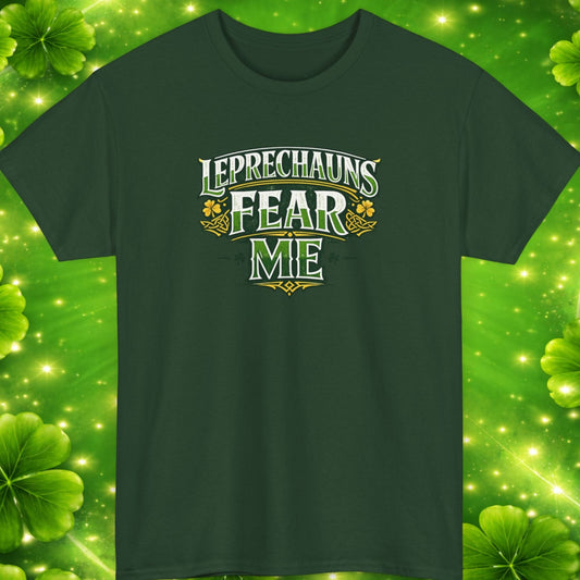 Green t-shirt with 'Leprechauns Fear Me' text on a green background with clovers