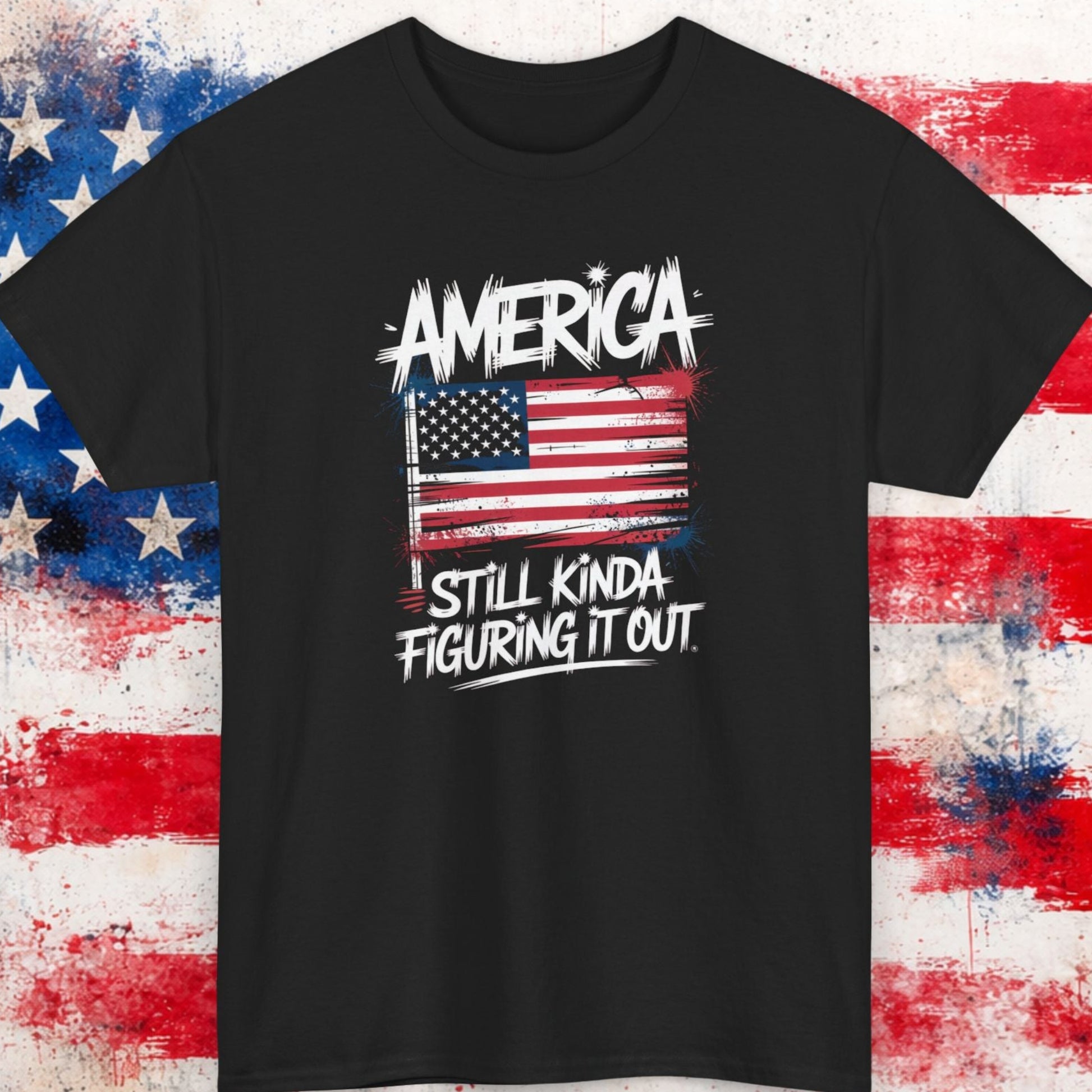 Black t-shirt with American flag graphic and text on a distressed American flag background