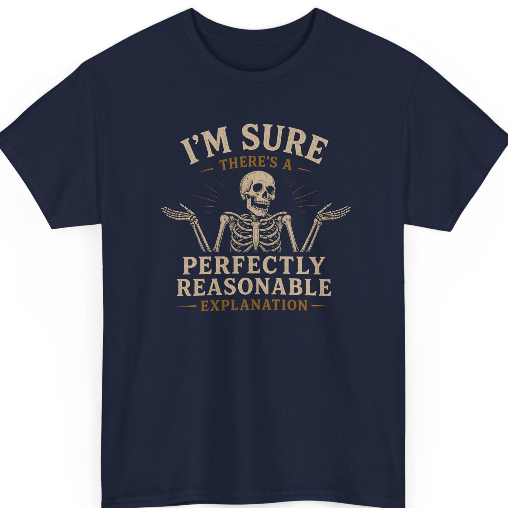 mayhem haus I'm Sure There's a Perfectly Reasonable Explanation sarcastic skeleton shirt on navy blue with distressed vintage lettering