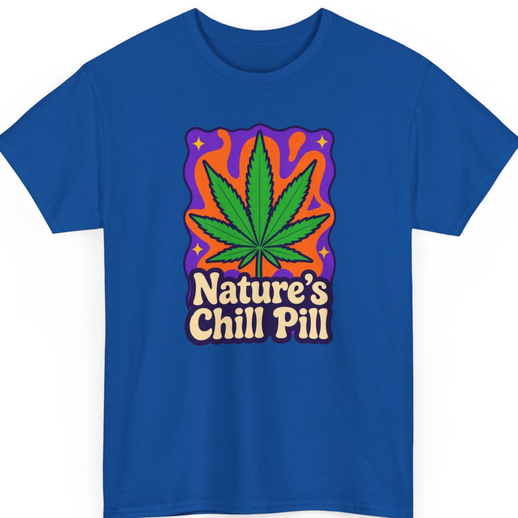 Mayhem Haus 420 graphic shirt on a royal blue tee featuring a vibrant cannabis leaf illustration with a colorful retro background and the phrase "Nature's Chill Pill."