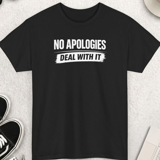 Black t-shirt with 'NO APOGIES DEAL WITH IT' text on a light gray surface with shoes, coffee, and accessories.