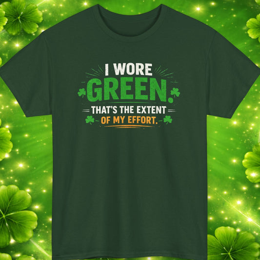 Green t-shirt with humorous text design on a green clover leaf background