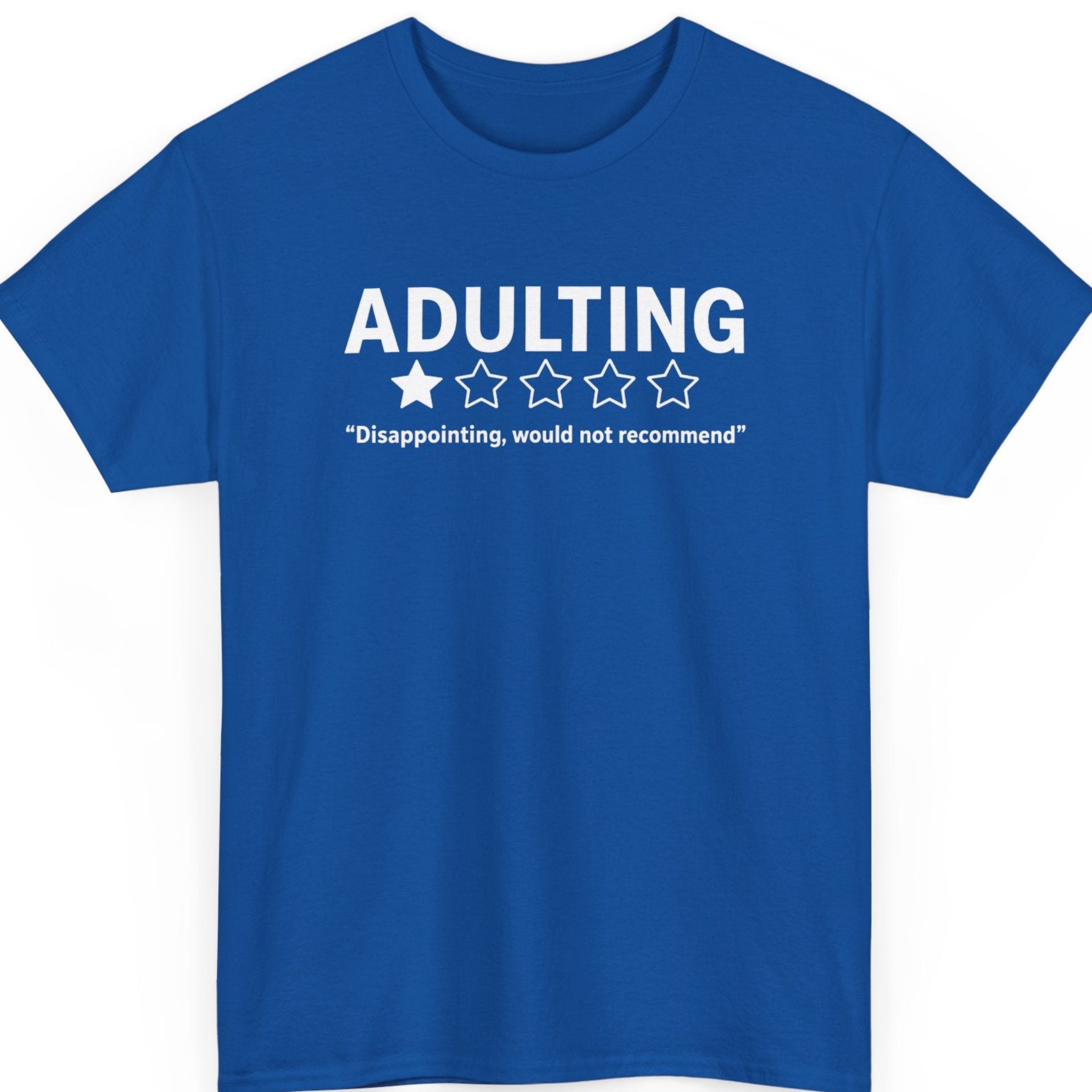 mayhem haus royal blue humorous adult life graphic tee featuring a one-star review design with the sarcastic phrase "Disappointing, would not recommend."