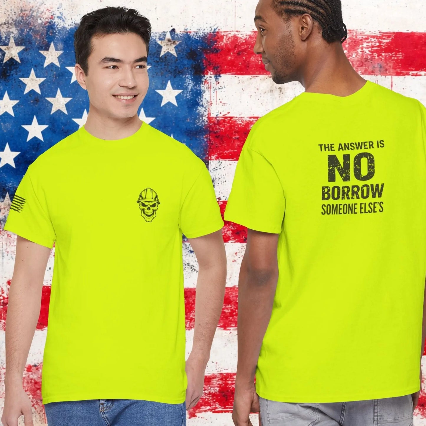 Two people wearing bright green t-shirts with text and graphics against a colorful abstract background.