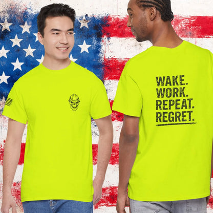 Two people wearing bright green t-shirts with text and graphics on an American flag background