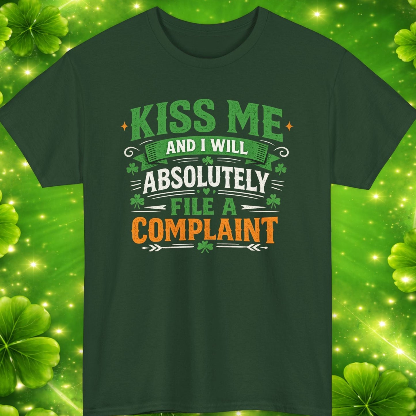 Green t-shirt with humorous text design on a green clover leaf background