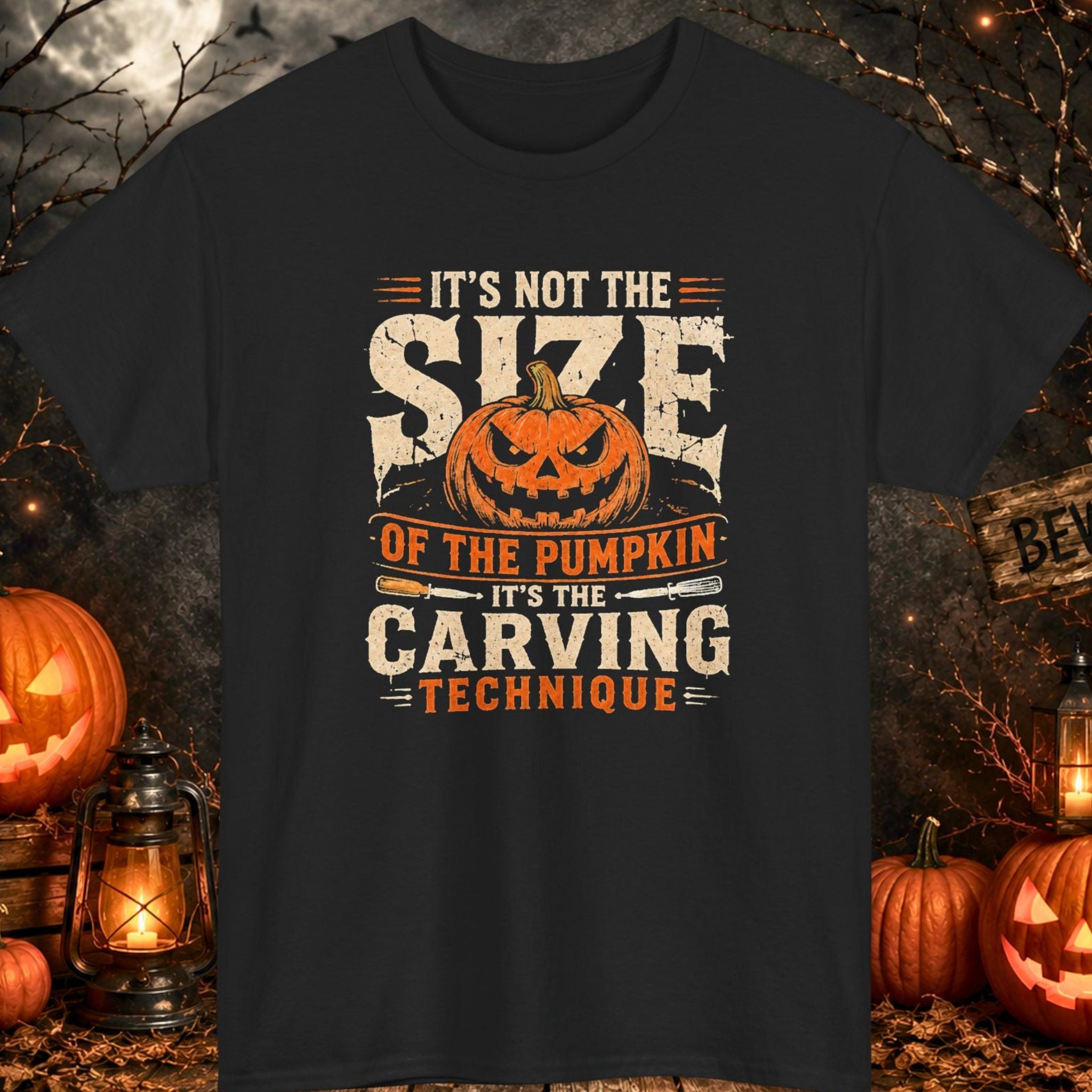 Mayhem Haus black Halloween T-shirt featuring a distressed orange jack-o'-lantern surrounded by pumpkin-carving tools and the phrase "It's Not the Size of the Pumpkin It's the Carving Technique" in vintage cream and orange typography.