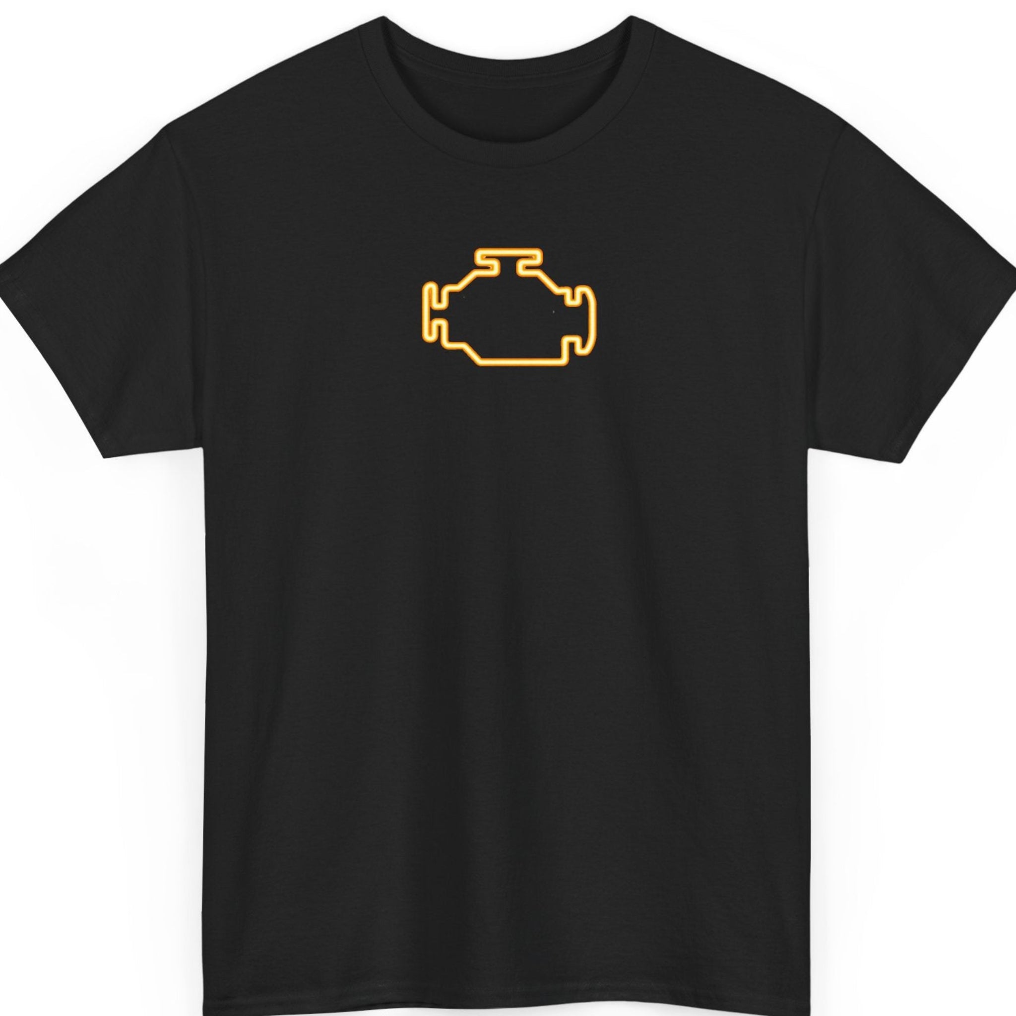 Mayhem Haus check engine light black t-shirt featuring a minimalist glowing amber engine warning icon centered on the chest.