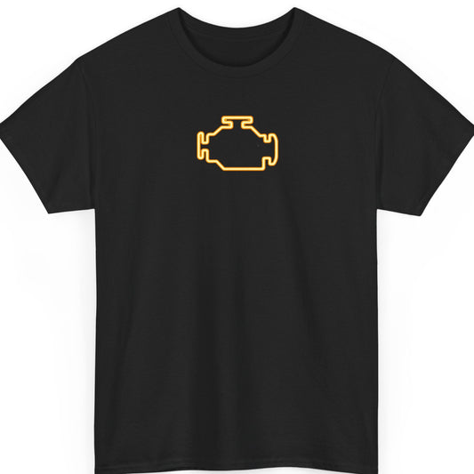 Mayhem Haus check engine light black t-shirt featuring a minimalist glowing amber engine warning icon centered on the chest.