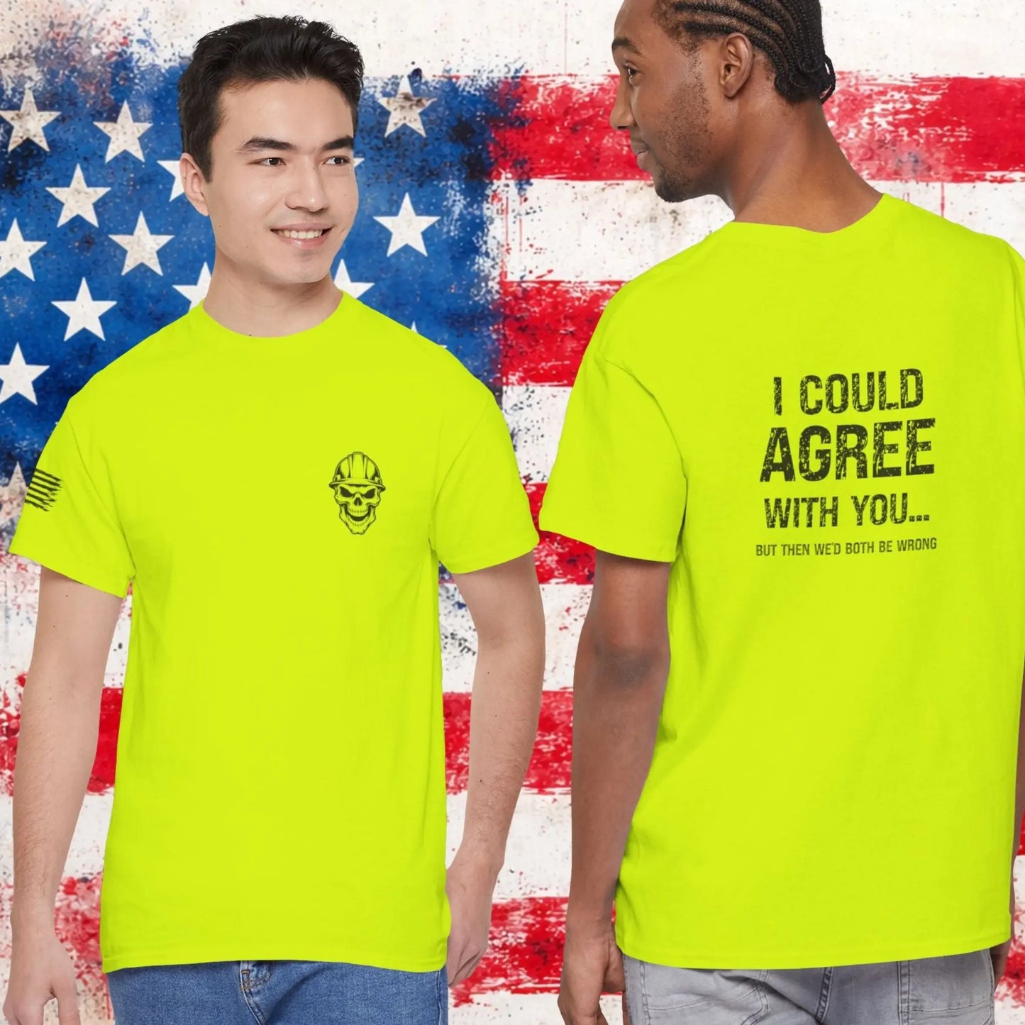 Two people wearing bright green t-shirts with text and a skull logo against an American flag background.