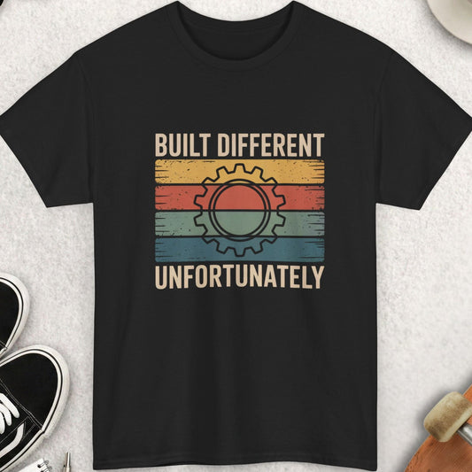 Black t-shirt with 'Built Different, Unfortunately' graphic on a light gray surface with accessories.