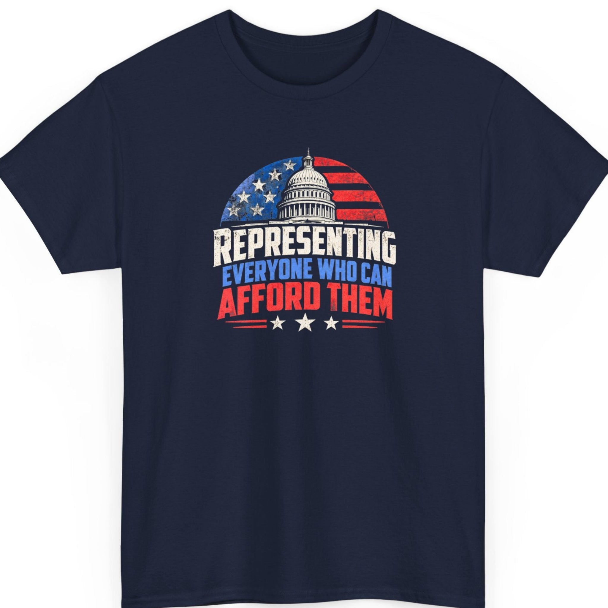 Mayhem Haus “Representing Everyone Who Can Afford Them” navy blue t-shirt featuring distressed patriotic typography, the U.S. Capitol, stars, and American flag imagery.