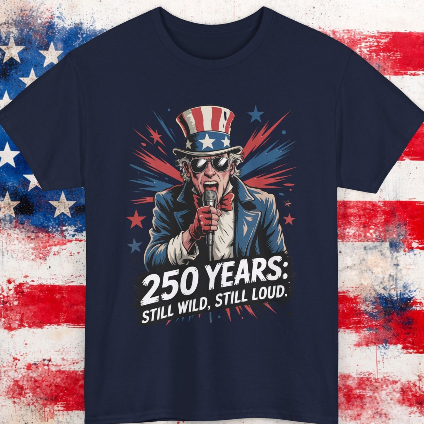 Navy blue t-shirt with Uncle Sam graphic and text on a distressed American flag background