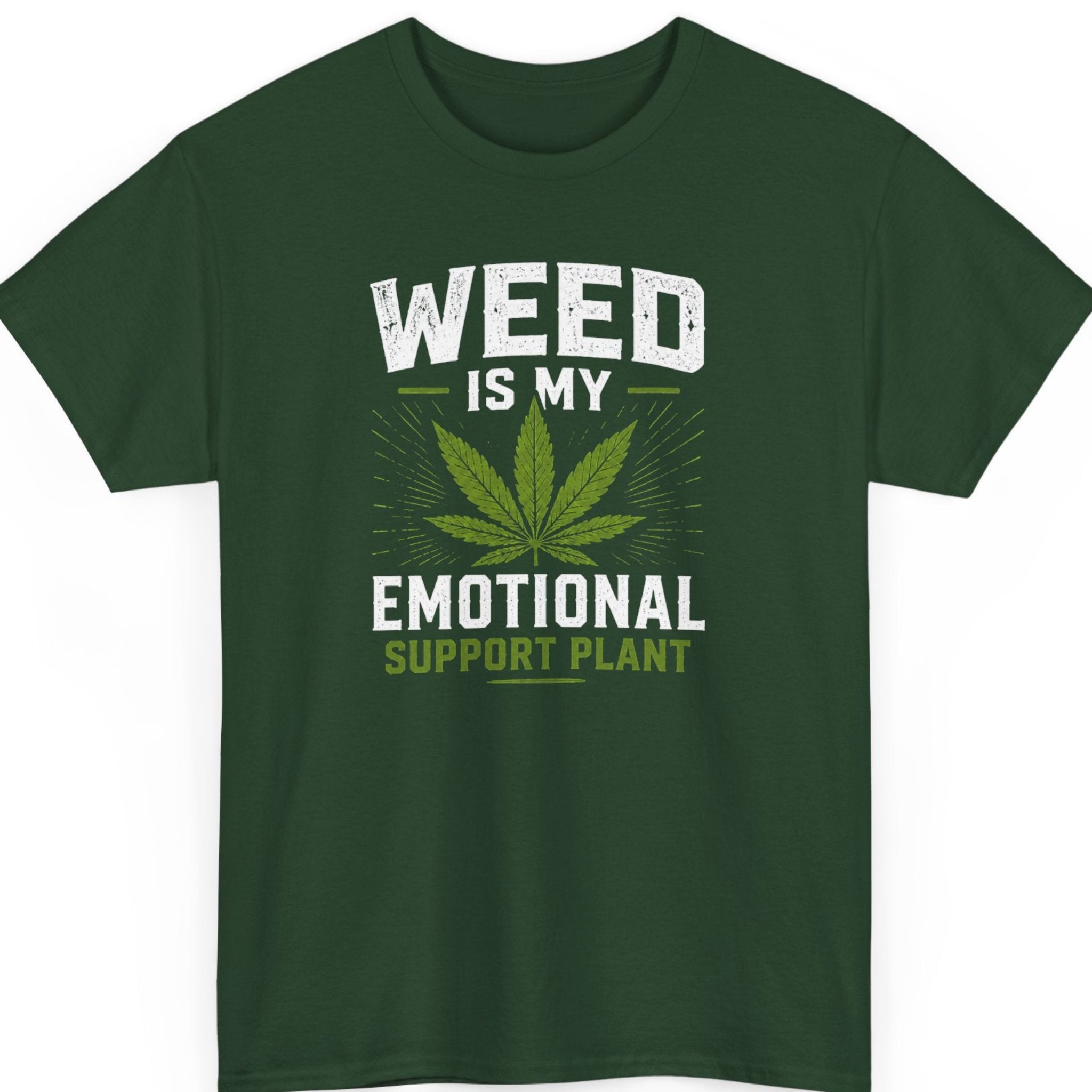 Mayhem Haus stoner graphic shirt on a forest green shirt featuring a vibrant green cannabis leaf with distressed white and green typography.