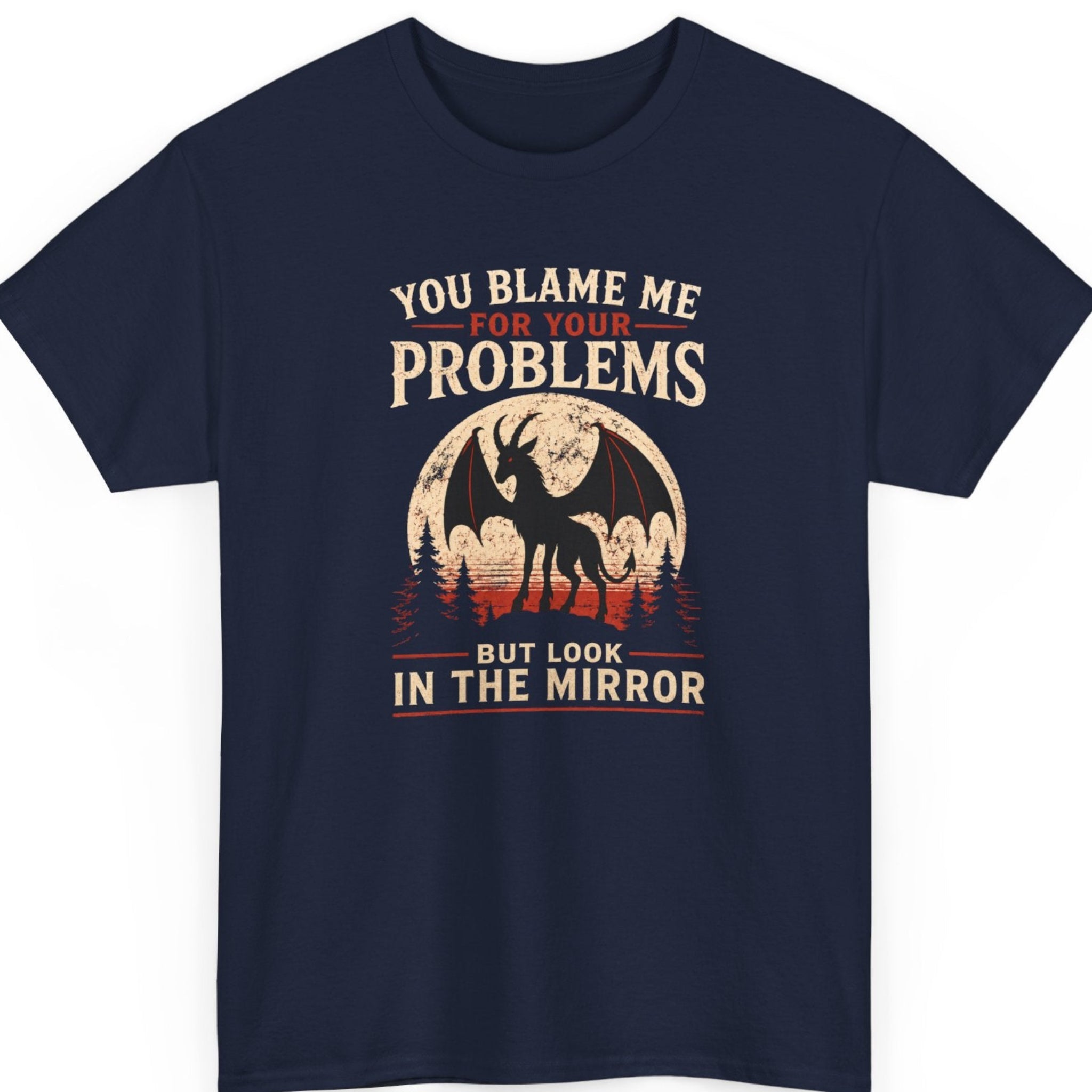 Mayhem Haus cryptid t-shirt on a navy blue shirt featuring a vintage Jersey Devil silhouette inside a moonlit forest scene with distressed typography reading "You Blame Me For Your Problems But Look In The Mirror."