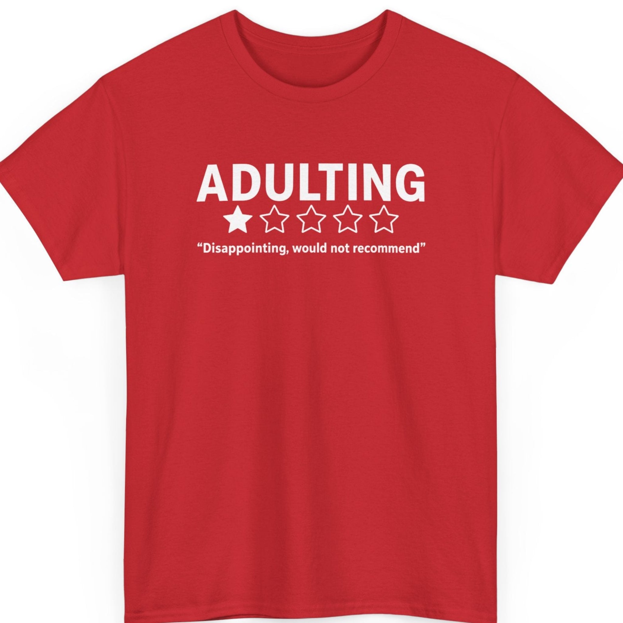 mayhem haus red funny sarcasm t-shirt featuring a bold one-star adulting review reading "Disappointing, would not recommend."