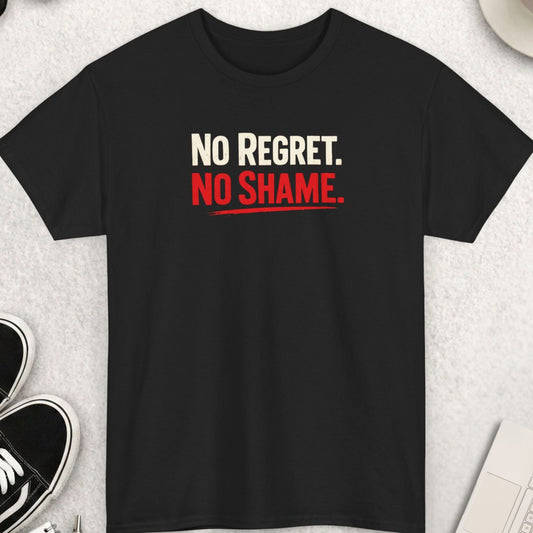Black t-shirt with 'No Regret. No Shame.' text on a light gray surface with shoes, coffee, and accessories.