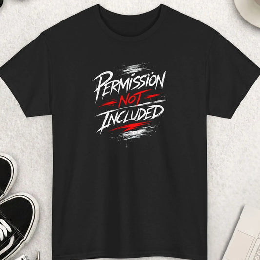 Black t-shirt with 'PERMISSION NOT INCLUDED' text on a light gray surface with shoes, sunglasses, and a cup.