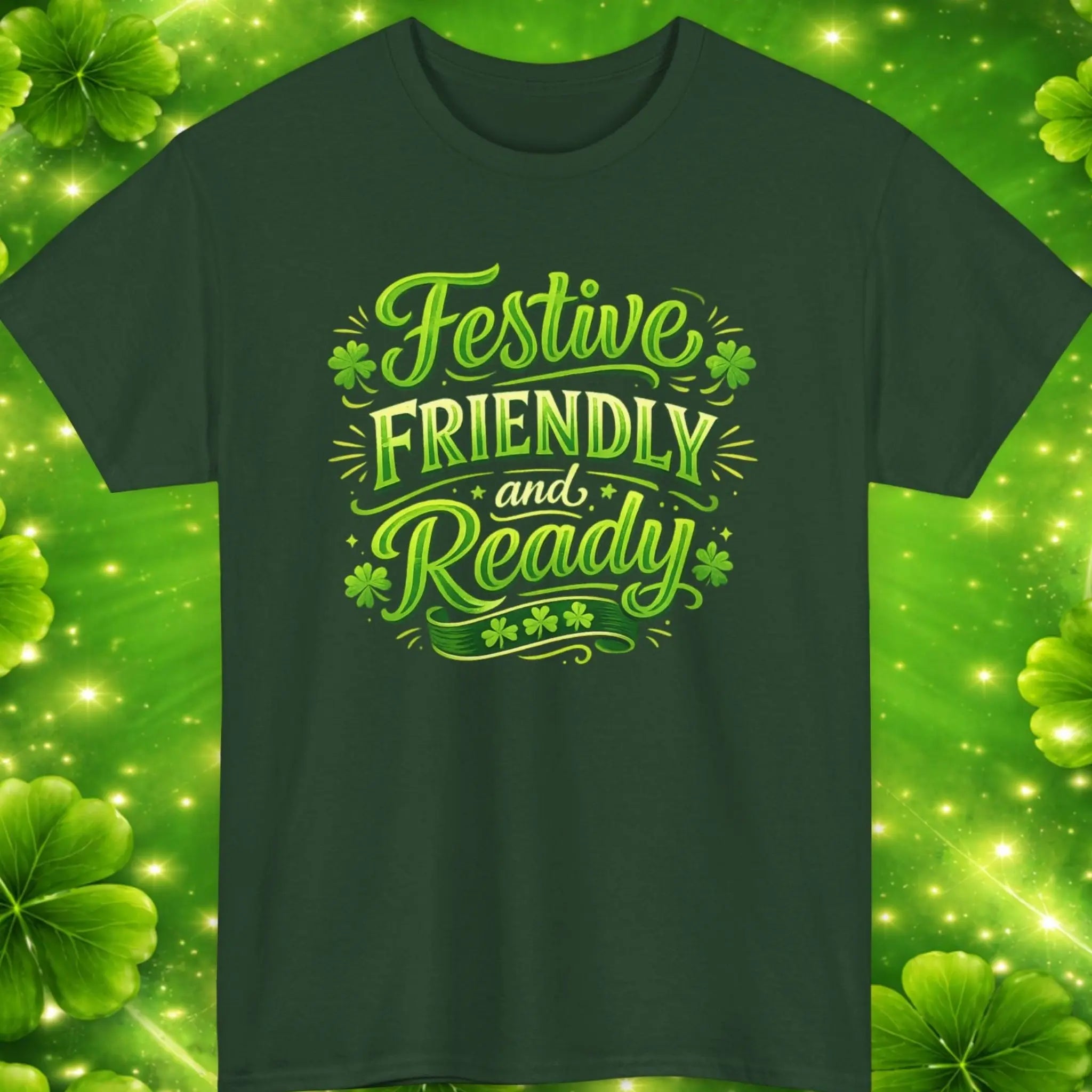 Mayhem Haus Festive Friendly & Ready t-shirt in dark green with shamrock design