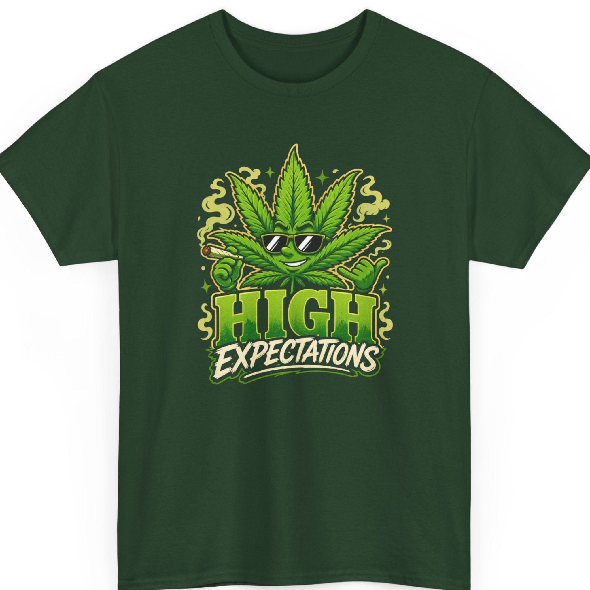 Mayhem Haus cannabis shirt on a forest green shirt featuring a playful marijuana leaf character with a joint, smoke effects, bold green lettering, and fun stoner artwork.
