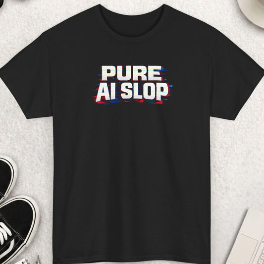 Black t-shirt with 'PURE AI SLOP' text on a light gray surface with shoes, coffee, and accessories.